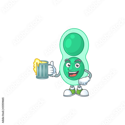 A cheerful green streptococcus pneumoniae cartoon mascot style toast with a glass of beer