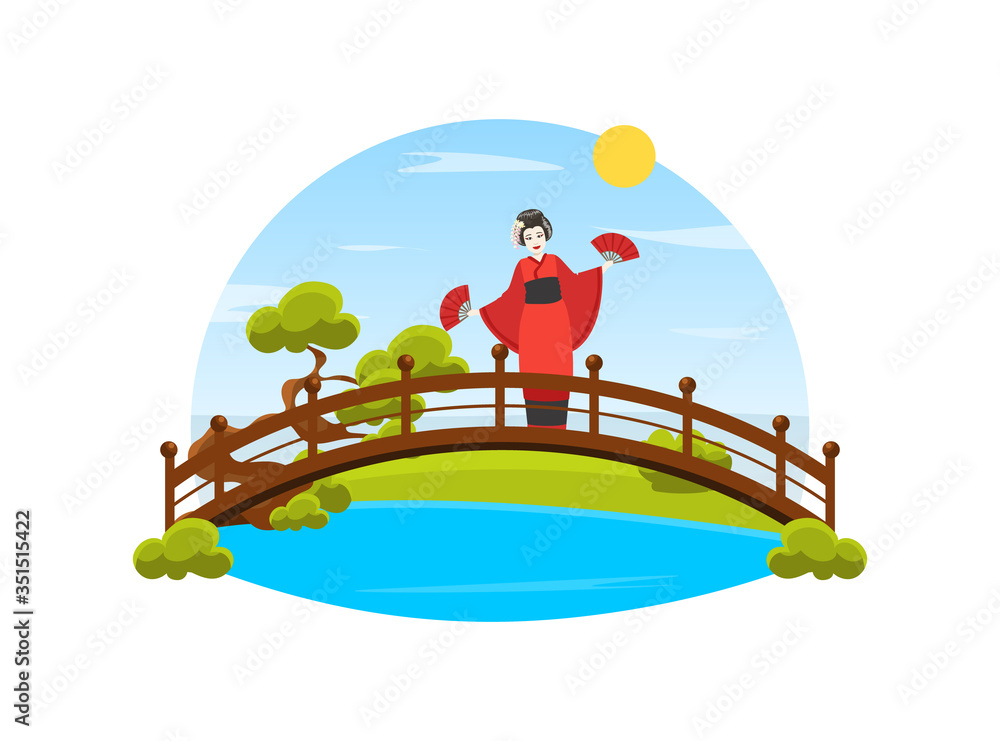 Φωτογραφία Japanese Girl in Traditional Kimono Dress Standing on Wooden Bridge Vector Illus