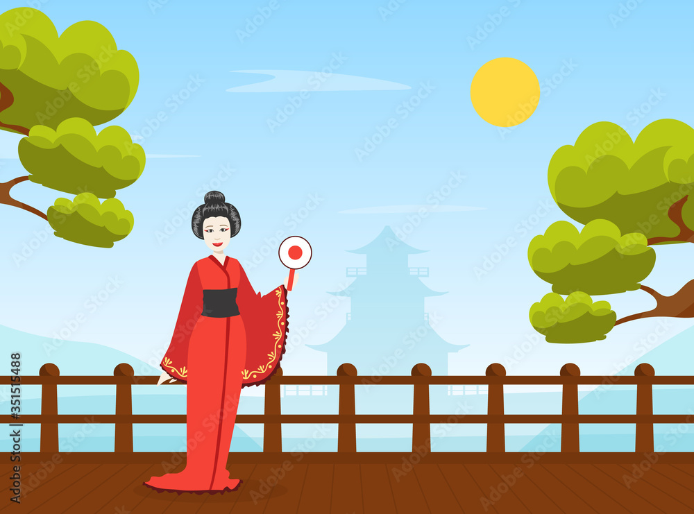 Φωτογραφία Beautiful Japanese Girl in Traditional Kimono Dress and Parasol Standing on Brid