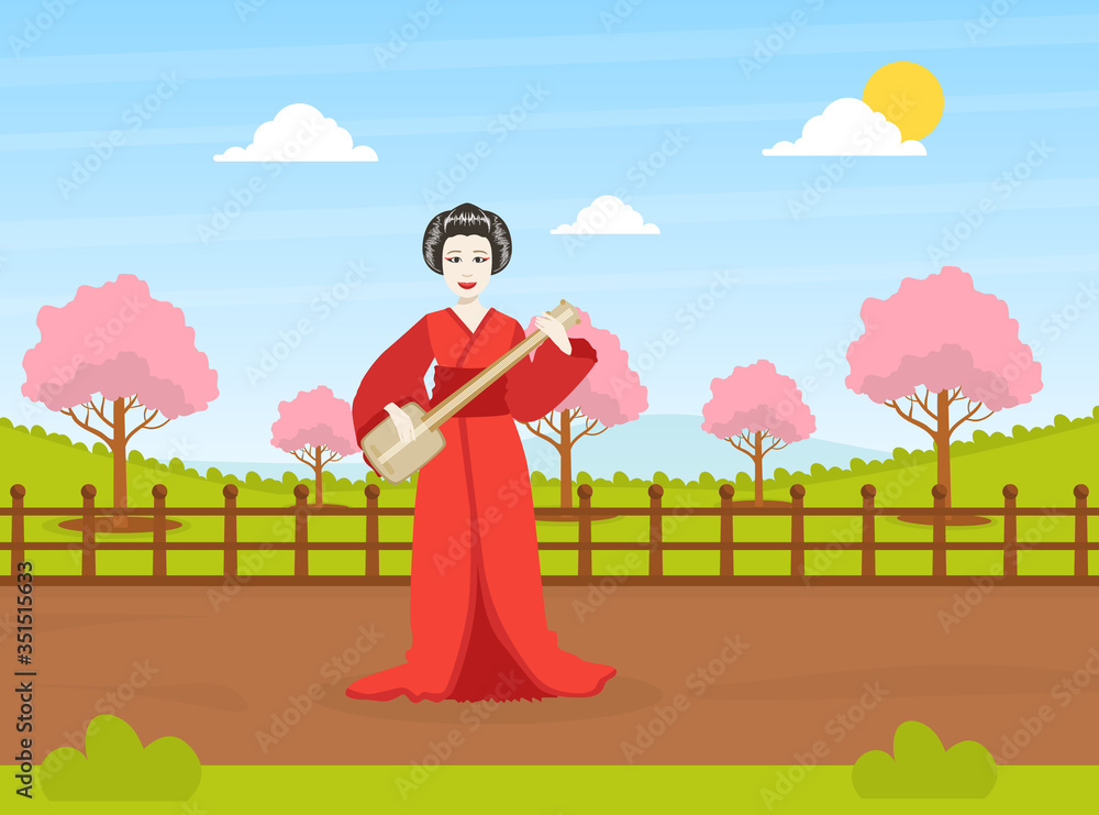 Φωτογραφία Japanese Girl in Traditional Kimono Dress Standing in Front of Beautiful Spring