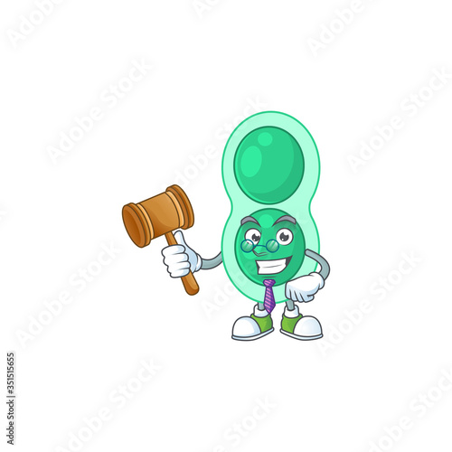A wise Judge green streptococcus pneumoniae cartoon mascot design wearing glasses