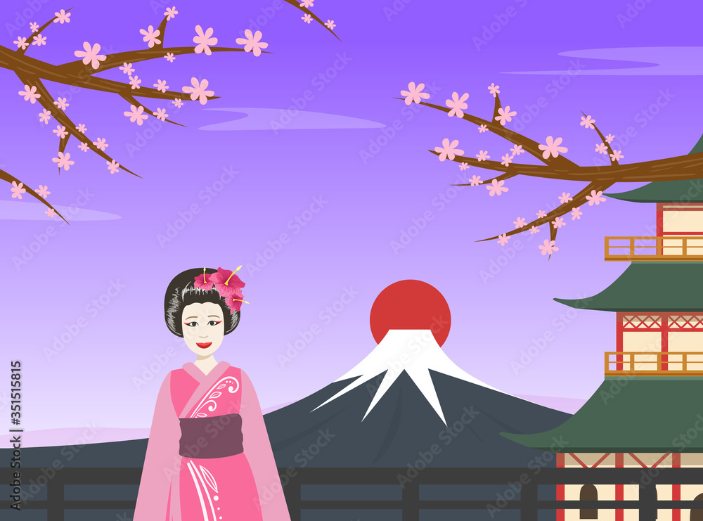 Φωτογραφία Japanese Girl in Traditional Kimono Dress Standing in Front of Fuji Mountain at