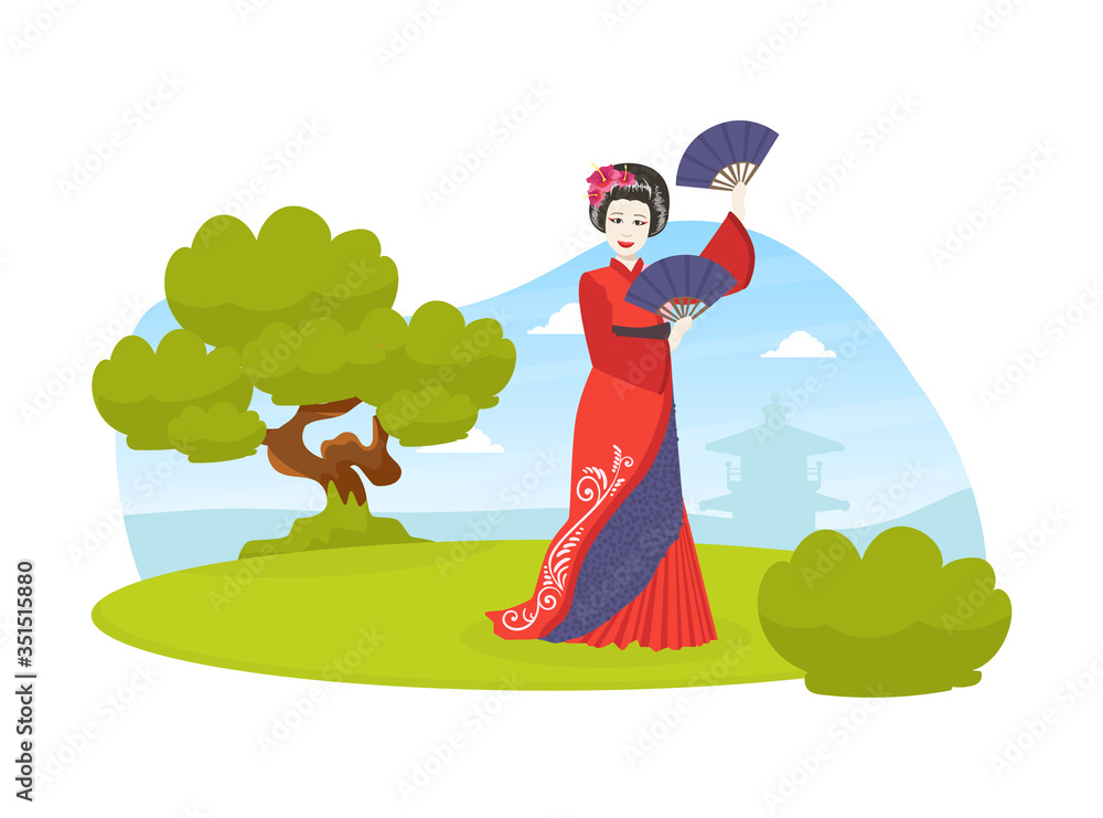 Φωτογραφία Beautiful Japanese Girl in Traditional Kimono Dress and Fan Standing on Summer L