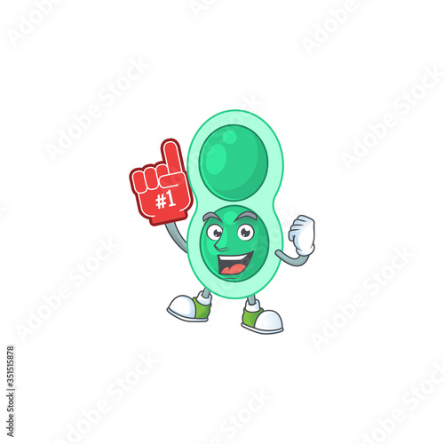 Green streptococcus pneumoniae Cartoon character design style with a red foam finger