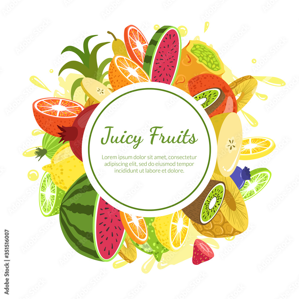 Juicy Fruits Banner Template, Fresh Bright Splashing Fruit and Berries of Round Shape with Space for Text Vector Illustration
