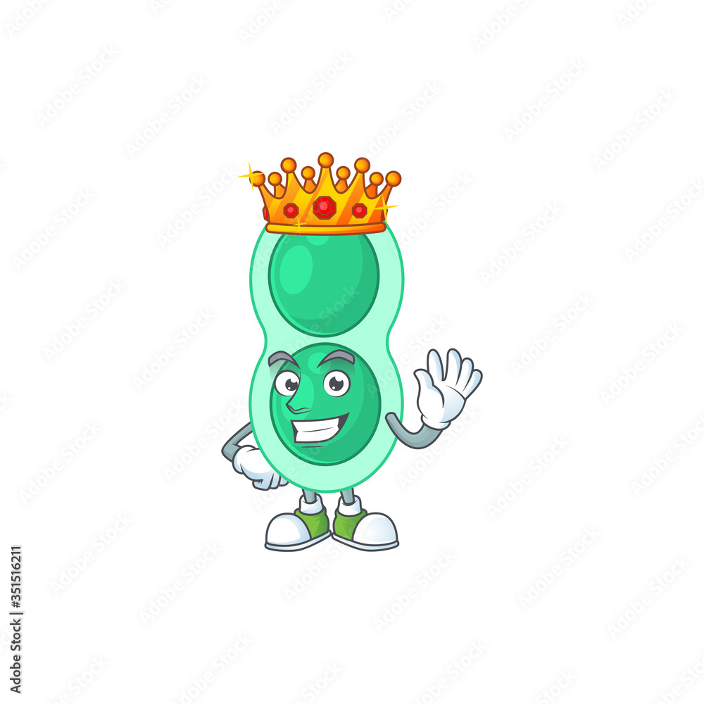 A charming King of green streptococcus pneumoniae cartoon character design with gold crown A charming King of green streptococcus pneumoniae cartoon character design with gold crown