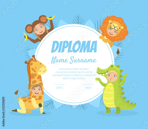 Colorful Diploma Template for Kids with Place For Your Text  Preschool  Kindergarten Children Certificate with Cute Animals Bright Vector Illustration