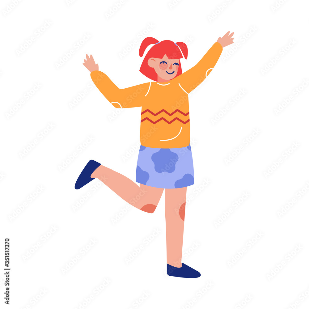 Teenager Girl Happily Jumping, Emotional Schoolgirl in Casual Clothes Having Fun Vector Illustration