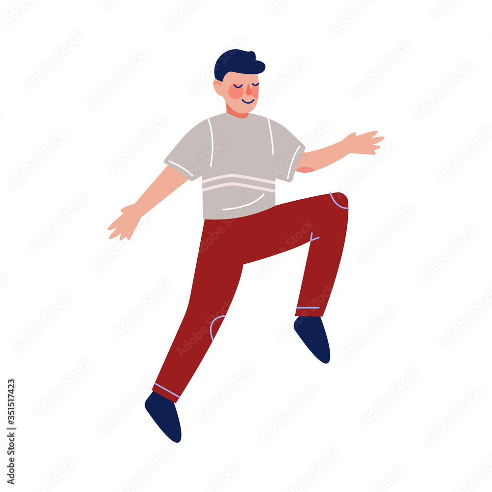 Teenager Boy Wearing Casual Clothes Happily Jumping, Emotional Schoolboy Having Fun Vector Illustration
