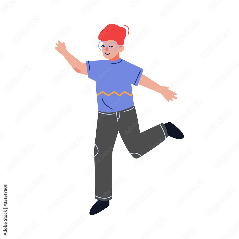 Teenager Boy Happily Jumping, Emotional Schoolboy Wearing Casual Clothes and Glasses Having Fun Vector Illustration