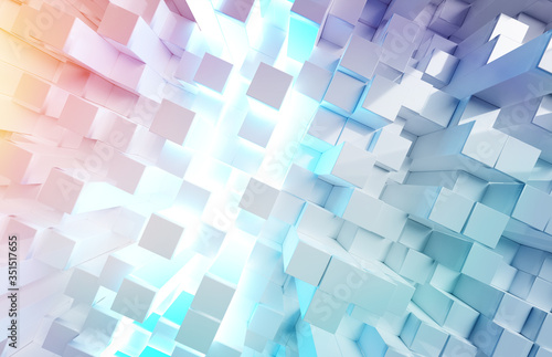 Glowing white and colorful abstract squares background pattern 3D rendering