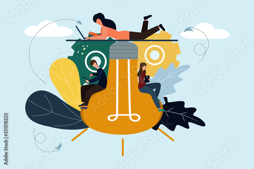 Vector illustration, online assistant at work. Search for new solutions ideas, teamwork in the company, brainstorming.