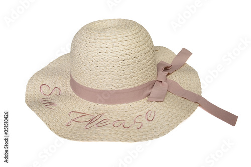 The brown hat is made from plants. Hat with a bow and a message on the hat "Sun Please". hat isolated on whiete background. (with Clipping Path Selection)