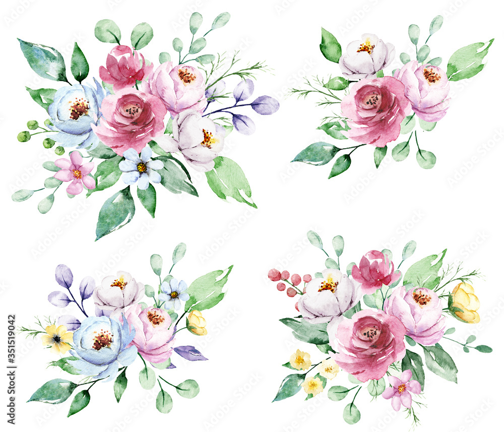 Naklejka Set watercolor flowers painting, floral vintage bouquets illustrations with peonies and leaves. Decoration for poster, greeting card, birthday, wedding design. Isolated on white background.