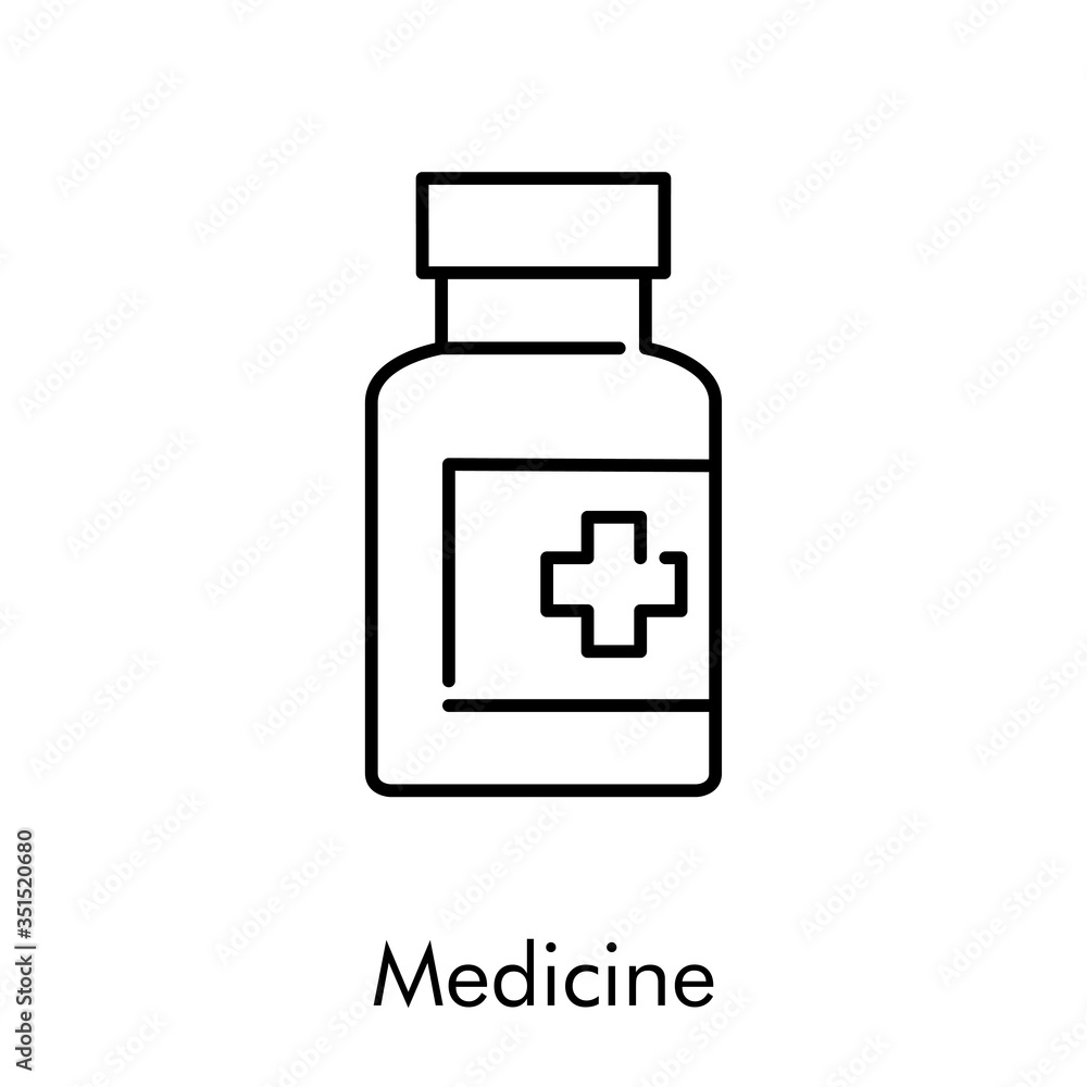 Icono plano lineal bote de medicina en color negro Icono plano lineal bote de medicina en color negro