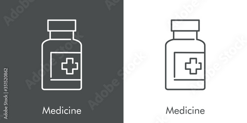 Icono plano lineal bote de medicina en fondo gris y fondo blanco