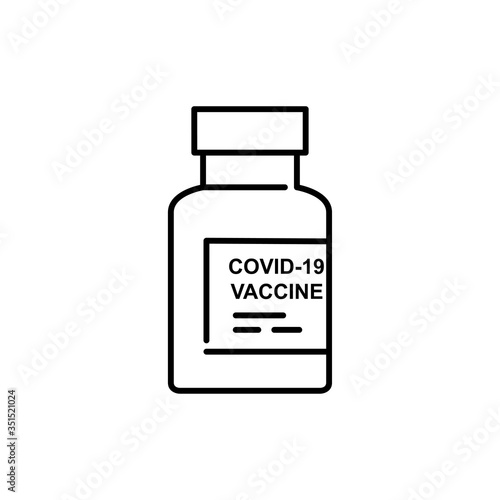 Símbolo vacuna. Icono plano lineal ampolla de vacuna con texto VACCINE COVID-19 en color negro