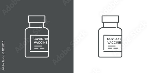 Símbolo vacuna. Icono plano lineal ampolla de vacuna con texto VACCINE COVID-19 en fondo gris y fondo blanco