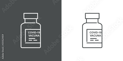 Símbolo vacuna. Icono plano lineal ampolla de vacuna con texto VACUNA COVID-19 en fondo gris y fondo blanco