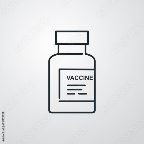 Símbolo vacuna. Icono plano lineal ampolla de vacuna con texto VACCINE en fondo gris