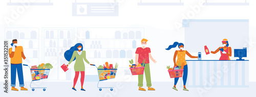 People in medical masks stand in a checkout queue keep a safe distance. Line at cash desk. Retail woman cashier with barcode scanner and line of customers. Men and women buy food at the supermarket.