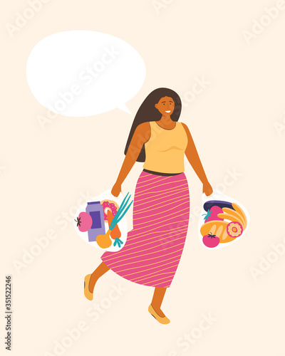 Happy young woman smiles and holds a packages full of vegetables and fruits while. Healthy food and vegetarian. Female cartoon character dieting and healthy eating. Space for text. Vector illustration
