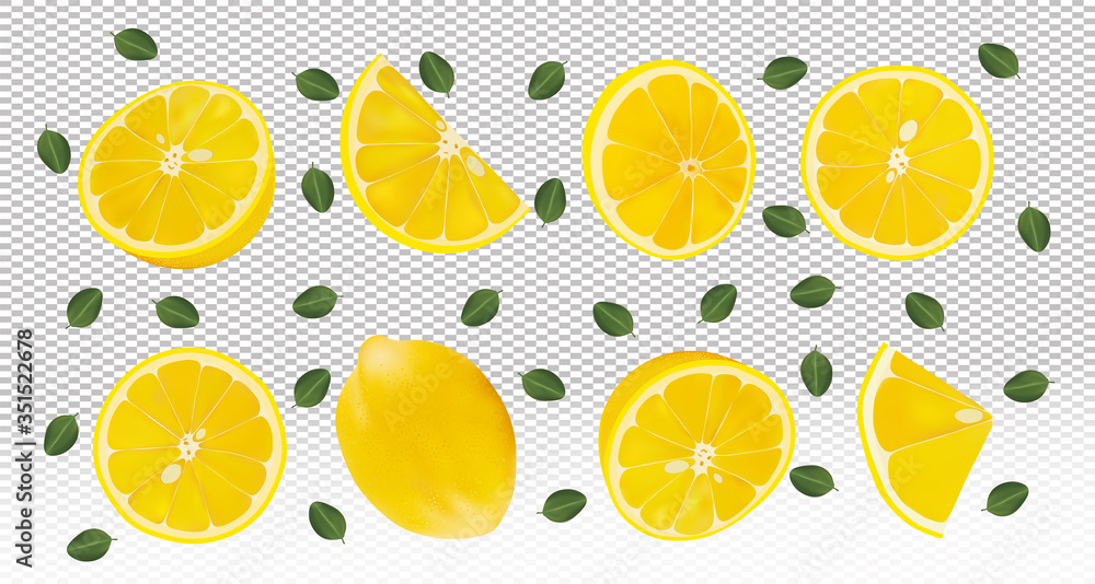 Set of fresh lemon with green leaves.Falling lemon on transparent background. Lemon rich in vitamins C. Flying lemon fruits are whole and cut in half. Vector illustration