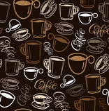 Hand drawn doodle pattern background - coffee time. Coffee cup texture.