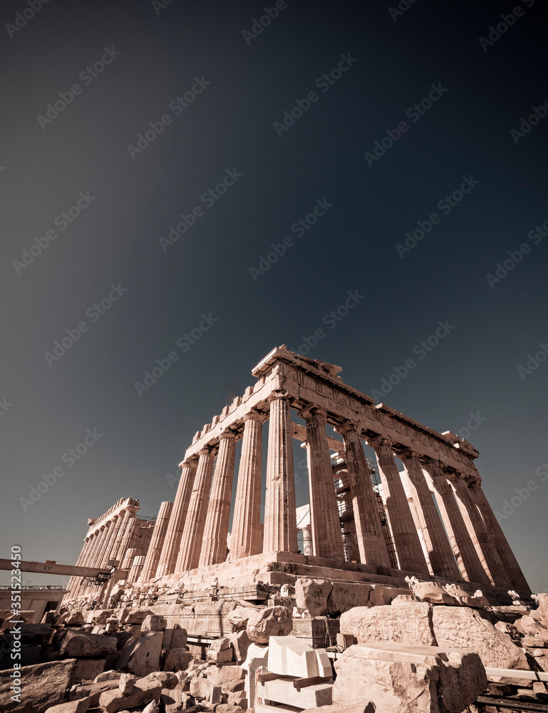 Obraz premium Parthenon ancient temple east front, standing on Acropolis hill Athens Greece, space for your text
