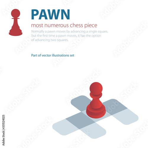 Pawn. Most numerous chess piece vector illustration. Chess pawn isometric graphic and logotype. Part of set. 