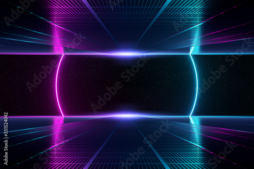 Fototapeta Naklejka Na Ścianę i Meble -  Abstract background pathway leading to blue and pink neon light circle reflecting on the floor 3D rendering