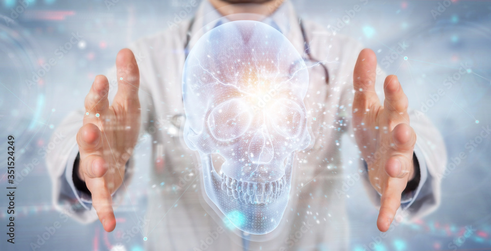 Radiologist using digital x-ray skull holographic scan projection 3D rendering Radiologist using digital x-ray skull holographic scan projection 3D rendering