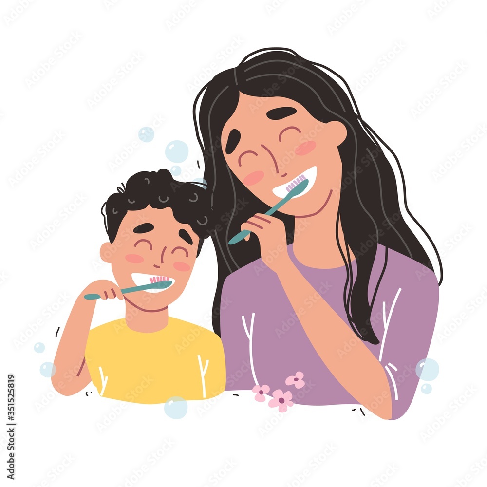 Mother and son Brushing Their Teeth. happy family and health. Mother and son Brushing Their Teeth. happy family and health.