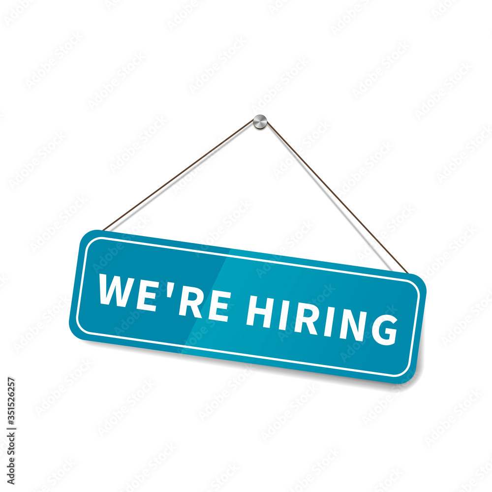 Bright glossy We are hiring sign hanging on the rope for shop door on white Bright glossy We are hiring sign hanging on the rope for shop door on white