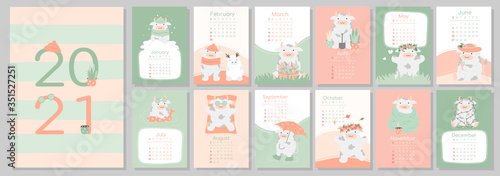 A4 calendar or planner 2021 kawaii cartoon ox, bull or cow, symbol of new year, cute characters. Cover and 12 monthly pages. Week starts on Monday, vector photo