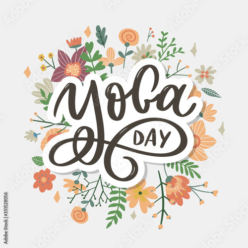 Lettering Yoga. Vector background International Yoga Day. Vector design for poster  T-shirts  bags. Yoga typography. Vector elements for labels  logos  icons  badges.