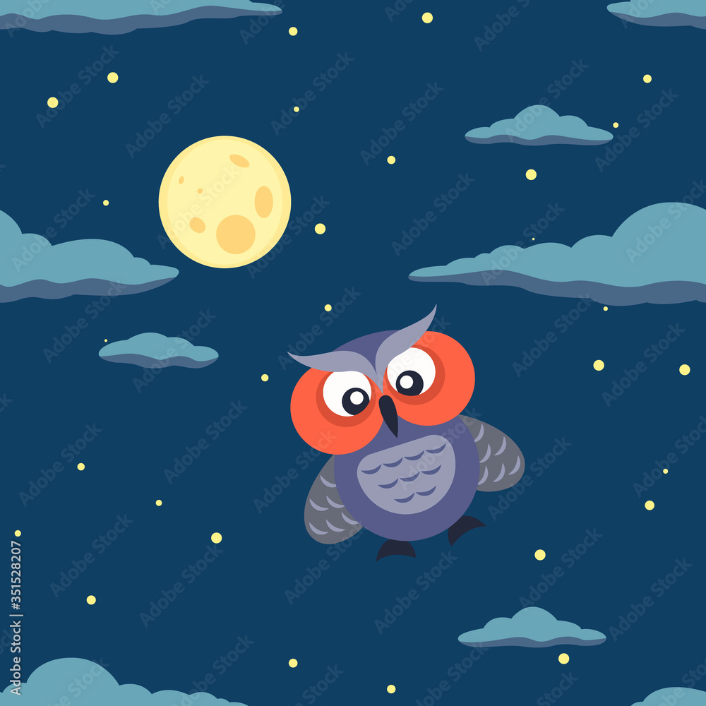 Seamless pattern with owls in night sky. Hand drawn illustration great for wallpaper, textile and texture design. Kids design, fabric, wrapping, apparel.