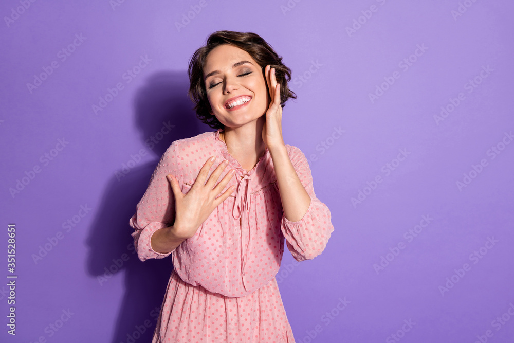 Portrait of her she nice-looking attractive smart dreamy cheerful cheery girl touching face having fun isolated over bright vivid shine vibrant lilac violet purple color background Portrait of her she nice-looking attractive smart dreamy cheerful cheery girl touching face having fun isolated over bright vivid shine vibrant lilac violet purple color background