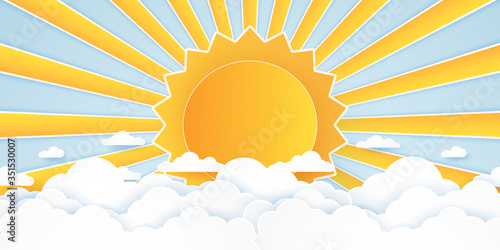 Cloudscape, blue sky with clouds and bright sun, paper art style