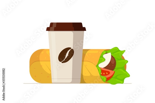 Shawarma fast food meat roll and disposable paper cup with coffee bean. Arabic eastern toasty doner kebab meal and beverage. Shaurma and soft drink flat vector illustration
