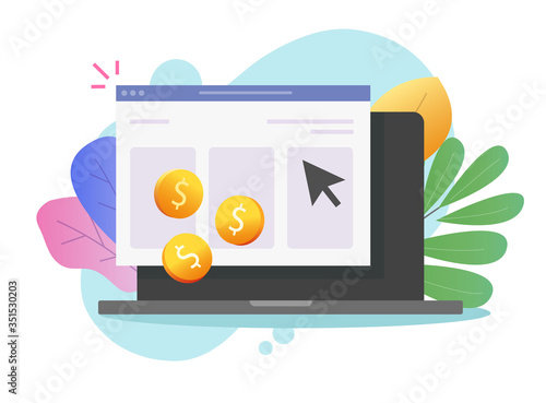 Pay per click or cost per click website money earning online on laptop computer vector icon flat cartoon, pc web or internet coins cash income via advertising clicking, ppc or cpc symbol modern image