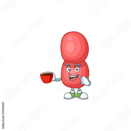 A mascot design character of neisseria gonorrhoeae drinking a cup of coffee photo