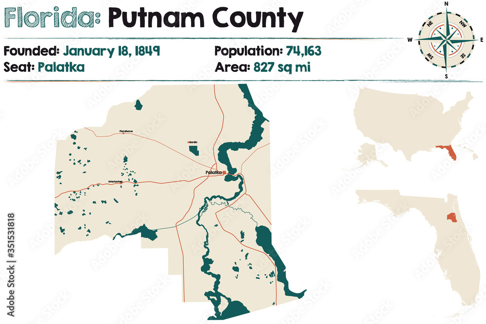 Large and detailed map of Putnam county in Florida, USA.