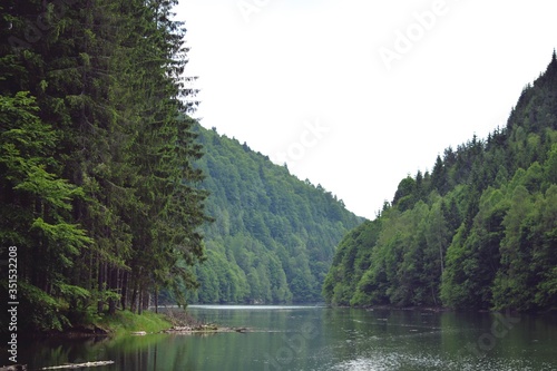 lake mirroring rocky mountains with forest fir trees on summer season © badescu