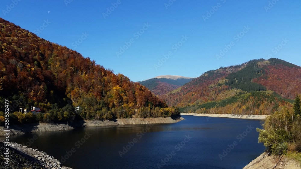 lake mirroring rocky mountains with forest fir trees on summer season