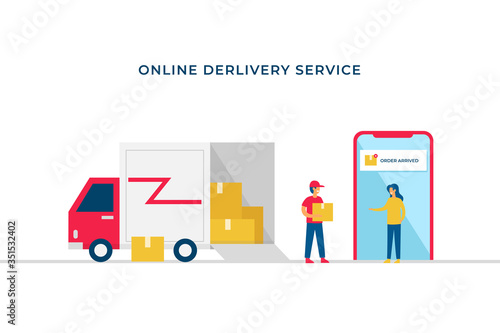 Online shop shipping service vector illustration concept design with open box delivery truck and courier man bring the shipment box to costumer in smartphone background with notification.
