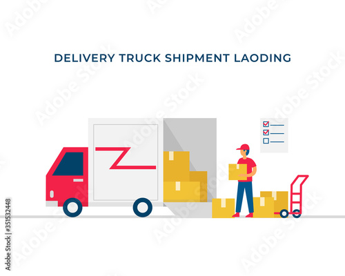 Delivery truck shipment loading process vector flat illustration design. Open box delivery truck full of package with courier man bring the shipment.