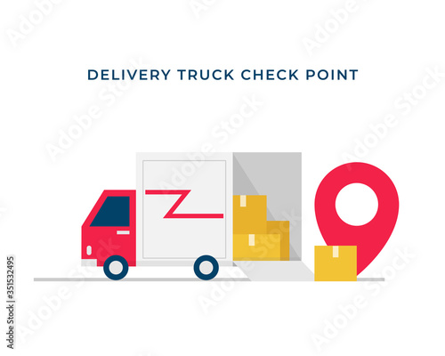 Delivery truck service with open storage box and map locator pin for package transit check point vector flat illustration concept.