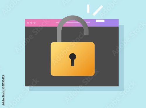 Website online secure access unlocked or internet web login encryption technology vector flat cartoon, illustration of web site browser window with open padlock as private safety modern design icon