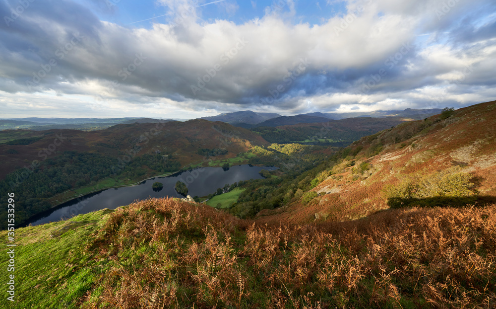 Mountain views over Rydal in the Lake District. Loughrigg Fell in the distance above Rydal Water.